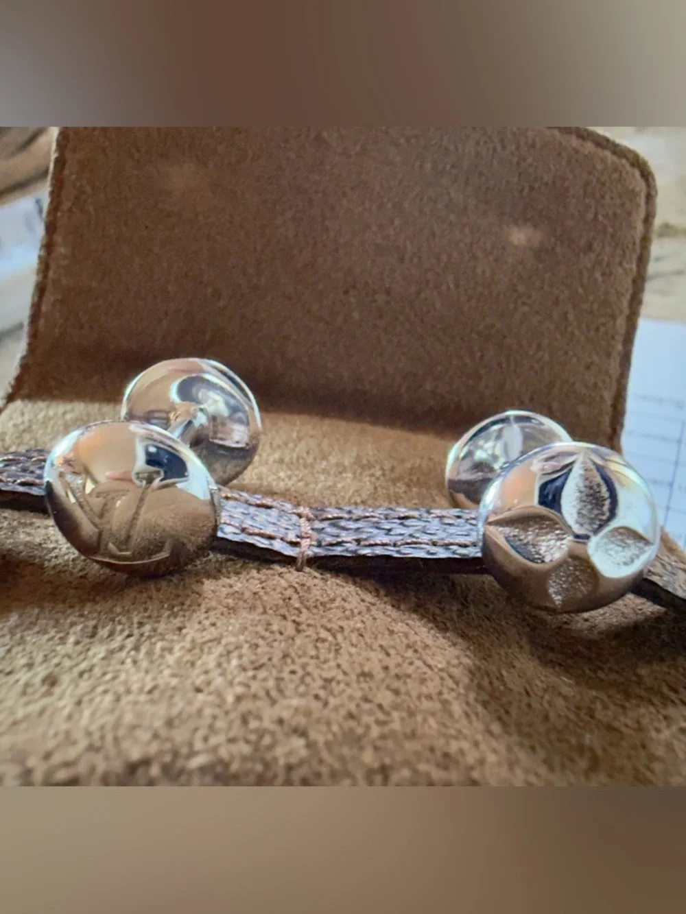 Louis Vuitton Damier Ebene Cufflinks Case With LV 925 Sterling Silver Cufflinks